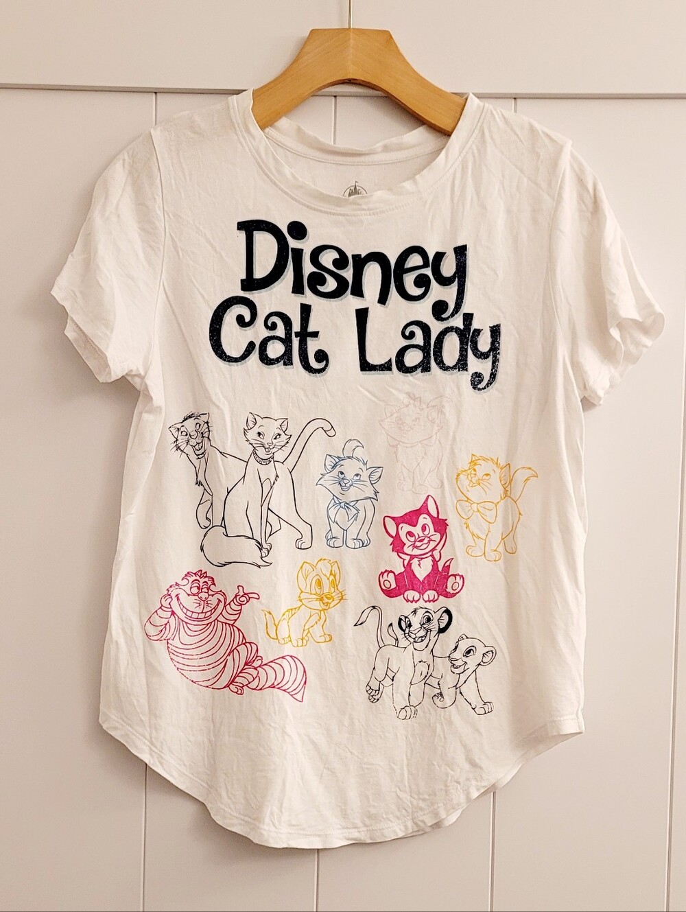 Disney Cat Lady White Tee with Black Text and Multicolor Cat Sketches Size M